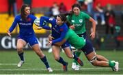 1 April 2023; Gabrielle Vernier of France offloads to teammate Cyrielle Banet, while been tackled by Nichola Fryday of Ireland during the TikTok Women's Six Nations Rugby Championship match between Ireland and France at Musgrave Park in Cork. Photo by Brendan Moran/Sportsfile