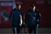 1 April 2023; James Finnerty, left, and Reece Hutchinson of Sligo Rovers arrive before the SSE Airtricity Men's Premier Division match between Sligo Rovers and Bohemians at The Showgrounds in Sligo. Photo by Seb Daly/Sportsfile