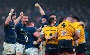 1 April 2023; Leinster players celebrate winning a penalty during the Heineken Champions Cup Round of 16 match between Leinster and Ulster at Aviva Stadium in Dublin. Photo by Ramsey Cardy/Sportsfile