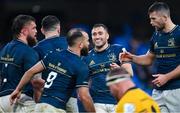 1 April 2023; Jordan Larmour of Leinster celebrates a try scored by teammate Andrew Porter during the Heineken Champions Cup Round of 16 match between Leinster and Ulster at Aviva Stadium in Dublin. Photo by Ramsey Cardy/Sportsfile
