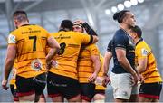 1 April 2023; Rob Herring of Ulster celebrates with teammate Duane Vermeulen after scoring his side's second try during the Heineken Champions Cup Round of 16 match between Leinster and Ulster at Aviva Stadium in Dublin. Photo by Sam Barnes/Sportsfile