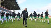 1 April 2023; Kerry assistant manager James Sugrue leads the warm up before the SSE Airtricity Men's First Division match between Longford Town and Kerry at Bishopsgate in Longford. Photo by Stephen Marken/Sportsfile