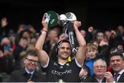 1 April 2023; Sligo captain Niall Murphy lifts the cup after his side's victory in the Allianz Football League Division 4 Final match between Sligo and Wicklow at Croke Park in Dublin. Photo by Tyler Miller/Sportsfile