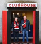 1 April 2023; Former Longford Town players Ollie Flaherty, left, and Ray Duffy before the SSE Airtricity Men's First Division match between Longford Town and Kerry at Bishopsgate in Longford. Photo by Stephen Marken/Sportsfile