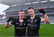 1 April 2023; Sligo players Brian Cox, left, and Eddie McGuinness celebrate after their side's victory in the Allianz Football League Division 4 Final match between Sligo and Wicklow at Croke Park in Dublin. Photo by Piaras Ó Mídheach/Sportsfile
