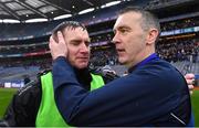 1 April 2023; Crossmaglen clubmates Wicklow manager Oisín McConville and Sligo manager Tony McEntee after the Allianz Football League Division 4 Final match between Sligo and Wicklow at Croke Park in Dublin. Photo by Piaras Ó Mídheach/Sportsfile