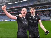 1 April 2023; Sligo players Paul McNamara, left, and Pat Spillane celebrate after their side's victory in the Allianz Football League Division 4 Final match between Sligo and Wicklow at Croke Park in Dublin. Photo by Piaras Ó Mídheach/Sportsfile