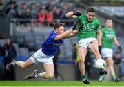 1 April 2023; Ciarán Brady of Cavan attempts to block a shot from Ryan Lyons of Fermanagh during the Allianz Football League Division 3 Final match between Cavan and Fermanagh at Croke Park in Dublin. Photo by Tyler Miller/Sportsfile