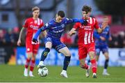 1 April 2023; Ali Coote of Bohemians in action against Niall Morahan of Sligo Rovers during the SSE Airtricity Men's Premier Division match between Sligo Rovers and Bohemians at The Showgrounds in Sligo. Photo by Seb Daly/Sportsfile