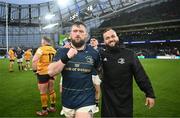 1 April 2023; Andrew Porter, left, and Jamison Gibson-Park of Leinster after the Heineken Champions Cup Round of 16 match between Leinster and Ulster at the Aviva Stadium in Dublin. Photo by Harry Murphy/Sportsfile