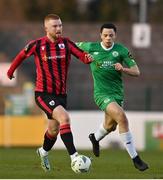 1 April 2023; Darragh Lynch of Longford Town in action against Nathan Gleeson of Kerry FC during the SSE Airtricity Men's First Division match between Longford Town and Kerry at Bishopsgate in Longford. Photo by Stephen Marken/Sportsfile