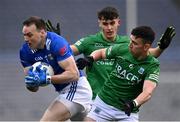 1 April 2023; Gearóid McKiernan of Cavan in action against Shane McGuillion, 6, and Jonathan Cassidy of Fermanagh during the Allianz Football League Division 3 Final match between Cavan and Fermanagh at Croke Park in Dublin. Photo by Piaras Ó Mídheach/Sportsfile