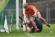 1 April 2023; Danny Magee of Armagh in action against Roscommon goalkeeper Enda Lawless during the Allianz Hurling League Division 3A Final match between Roscommon and Armagh at Páirc Tailteann in Navan, Meath. Photo by Michael P Ryan/Sportsfile