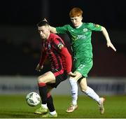 1 April 2023; Derek Daly of Longford Town in action against Graham O'Reilly of Kerry during the SSE Airtricity Men's First Division match between Longford Town and Kerry at Bishopsgate in Longford. Photo by Stephen Marken/Sportsfile