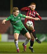 1 April 2023; Ronan Teehan of Kerry FC in action against Aodh Dervin of Longford Town during the SSE Airtricity Men's First Division match between Longford Town and Kerry at Bishopsgate in Longford. Photo by Stephen Marken/Sportsfile