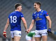 1 April 2023; Cavan players Killian Clarke, right, and Conor Brady celebrates after his side's victory in the Allianz Football League Division 3 Final match between Cavan and Fermanagh at Croke Park in Dublin. Photo by Piaras Ó Mídheach/Sportsfile