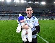 1 April 2023; Cavan captain Raymond Galligan with his son Rian, age 3 months, after his side's victory in the Allianz Football League Division 3 Final match between Cavan and Fermanagh at Croke Park in Dublin. Photo by Piaras Ó Mídheach/Sportsfile