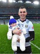 1 April 2023; Cavan captain Raymond Galligan with his son Rian, age 3 months, after his side's victory in the Allianz Football League Division 3 Final match between Cavan and Fermanagh at Croke Park in Dublin. Photo by Piaras Ó Mídheach/Sportsfile
