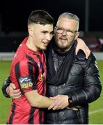 1 April 2023; Longford Town manager Stephen Henderson celebrates with Joshua Giurgi after the SSE Airtricity Men's First Division match between Longford Town and Kerry at Bishopsgate in Longford. Photo by Stephen Marken/Sportsfile