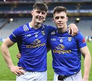 1 April 2023; Cavan players James Smith, left, and Dara McVeety celebrate after their side's victory in the Allianz Football League Division 3 Final match between Cavan and Fermanagh at Croke Park in Dublin. Photo by John Sheridan/Sportsfile