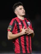 1 April 2023; Joshua Giurgi of Longford Town celebrates after scoring his side's second goal during the SSE Airtricity Men's First Division match between Longford Town and Kerry at Bishopsgate in Longford. Photo by Stephen Marken/Sportsfile