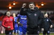 1 April 2023; Bohemians manager Declan Devine celebrates after their side's victory in the SSE Airtricity Men's Premier Division match between Sligo Rovers and Bohemians at The Showgrounds in Sligo. Photo by Seb Daly/Sportsfile