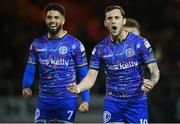 1 April 2023; Dylan Connolly, right, and Declan McDaid of Bohemians celebrate after their side's victory in the SSE Airtricity Men's Premier Division match between Sligo Rovers and Bohemians at The Showgrounds in Sligo. Photo by Seb Daly/Sportsfile