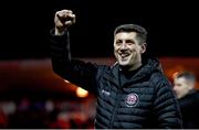 1 April 2023; Bohemians manager Declan Devine celebrates after their side's victory in the SSE Airtricity Men's Premier Division match between Sligo Rovers and Bohemians at The Showgrounds in Sligo. Photo by Seb Daly/Sportsfile