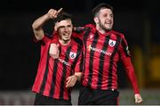 1 April 2023; Joshua Giurgi of Longford Town celebrates after scoring his side's second goal with teammate Oisin Hand, right, during the SSE Airtricity Men's First Division match between Longford Town and Kerry at Bishopsgate in Longford. Photo by Stephen Marken/Sportsfile