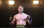 1 April 2023; Jason Quigley celebrates after defeating Gabor Gorbics in their super middleweight bout at the National Stadium in Dublin. Photo by David Fitzgerald/Sportsfile