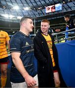 1 April 2023; John McKee of Leinster and Nathan Doak of Ulster after the Heineken Champions Cup Round of 16 match between Leinster and Ulster at Aviva Stadium in Dublin. Photo by Harry Murphy/Sportsfile