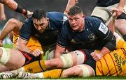 1 April 2023; Jack Conan, left, and Tadhg Furlong of Leinster during the Heineken Champions Cup Round of 16 match between Leinster and Ulster at Aviva Stadium in Dublin. Photo by Ramsey Cardy/Sportsfile