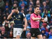 1 April 2023; Referee Luke Pearce signals no try as Ross Byrne of Leinster reacts during the Heineken Champions Cup Round of 16 match between Leinster and Ulster at Aviva Stadium in Dublin. Photo by Sam Barnes/Sportsfile