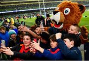 1 April 2023; Leo the Lion with supporters at the Heineken Champions Cup Round of 16 match between Leinster and Ulster at Aviva Stadium in Dublin. Photo by Sam Barnes/Sportsfile
