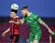 1 April 2023; Joshua Giurgi of Longford Town in action against Shane Guthrie of Kerry FC during the SSE Airtricity Men's First Division match between Longford Town and Kerry at Bishopsgate in Longford. Photo by Stephen Marken/Sportsfile