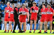 2 April 2023; Derry manager Rory Gallagher speaks to his players before the Allianz Football League Division 2 Final match between Dublin and Derry at Croke Park in Dublin. Photo by Ramsey Cardy/Sportsfile