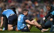 2 April 2023; Dean Rock of Dublin, centre, reacts after picking up an injury during the Allianz Football League Division 2 Final match between Dublin and Derry at Croke Park in Dublin. Photo by Sam Barnes/Sportsfile