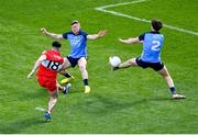 2 April 2023; Michael Fitzsimons of Dublin blocks a shot from Ben McCarron of Derry during the Allianz Football League Division 2 Final match between Dublin and Derry at Croke Park in Dublin. Photo by Tyler Miller/Sportsfile