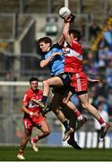 2 April 2023; Michael Fitzsimons of Dublin contests a high ball with Brendan Rogers of Derry during the Allianz Football League Division 2 Final match between Dublin and Derry at Croke Park in Dublin. Photo by Sam Barnes/Sportsfile