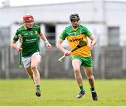 2 April 2023; Ryan Hilferty of Donegal in action against Jack Regan of Meath during the Allianz Hurling League Division 2B Final match between Meath and Donegal at Avant Money Páirc Seán Mac Diarmada in Carrick-on-Shannon, Leitrim. Photo by Stephen Marken/Sportsfile