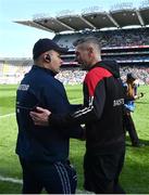 2 April 2023; Dublin manager Dessie Farrell, left, and Derry manager Rory Gallagher shake hands after the Allianz Football League Division 2 Final match between Dublin and Derry at Croke Park in Dublin. Photo by Sam Barnes/Sportsfile