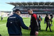 2 April 2023; Dublin manager Dessie Farrell, left, and Derry manager Rory Gallagher shake hands after the Allianz Football League Division 2 Final match between Dublin and Derry at Croke Park in Dublin. Photo by Sam Barnes/Sportsfile