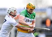 2 April 2023; Cillian Kiely of Offaly in action against Conan Boran of Kildare during the Allianz Hurling League Division 2A Final match between Kildare and Offaly at Laois Hire O'Moore Park in Portlaoise, Laois. Photo by Piaras Ó Mídheach/Sportsfile