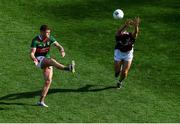 2 April 2023; Jordan Flynn of Mayo has his shot blocked by Paul Conroy of Galway during the Allianz Football League Division 1 Final match between Galway and Mayo at Croke Park in Dublin. Photo by Tyler Miller/Sportsfile