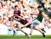2 April 2023; James Carr of Mayo in action against Jack Glynn of Galway, as John Daly of Galway looks on during the Allianz Football League Division 1 Final match between Galway and Mayo at Croke Park in Dublin. Photo by John Sheridan/Sportsfile