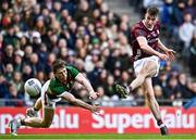 2 April 2023; Matthew Tierney of Galway has a shot on goal despite the efforts of Paddy Durcan of Mayo during the Allianz Football League Division 1 Final match between Galway and Mayo at Croke Park in Dublin. Photo by Sam Barnes/Sportsfile