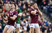 2 April 2023; Damien Comer of Galway, right, reacts after a missed goal chance during the Allianz Football League Division 1 Final match between Galway and Mayo at Croke Park in Dublin. Photo by Sam Barnes/Sportsfile