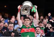 2 April 2023; Mayo captain Paddy Durcan lifts the cup after his side's victory in the Allianz Football League Division 1 Final match between Galway and Mayo at Croke Park in Dublin. Photo by Sam Barnes/Sportsfile