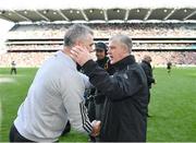2 April 2023; Galway manager Padraic Joyce, left, and Mayo manager Kevin McStay shake hands after the Allianz Football League Division 1 Final match between Galway and Mayo at Croke Park in Dublin. Photo by Sam Barnes/Sportsfile