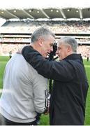 2 April 2023; Galway manager Padraic Joyce, left, and Mayo manager Kevin McStay shake hands after the Allianz Football League Division 1 Final match between Galway and Mayo at Croke Park in Dublin. Photo by Sam Barnes/Sportsfile